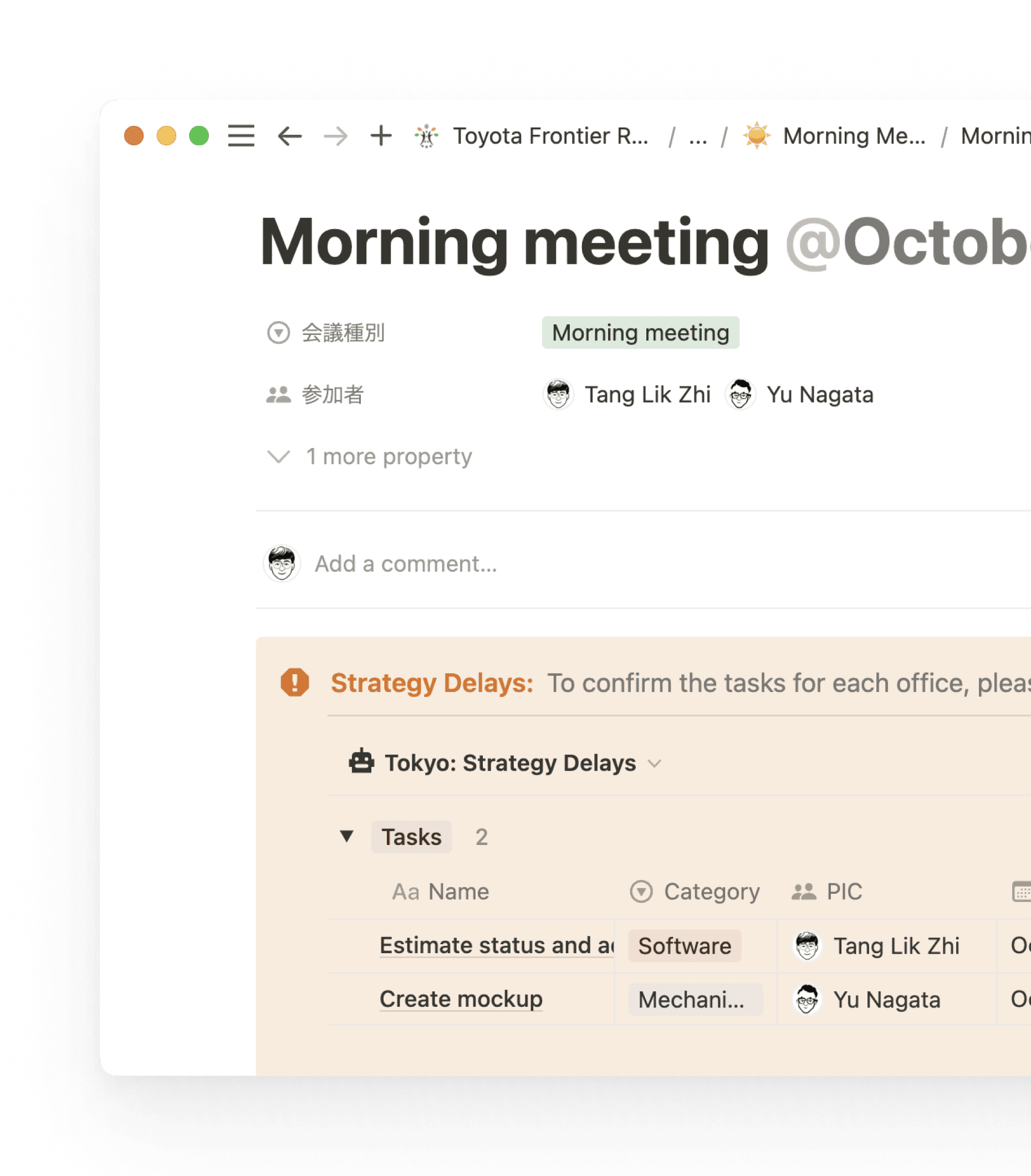 Toyota transformed simple meeting notes with action items, timelines, and visualizations all organized in a database so everyone’s informed and prepared.