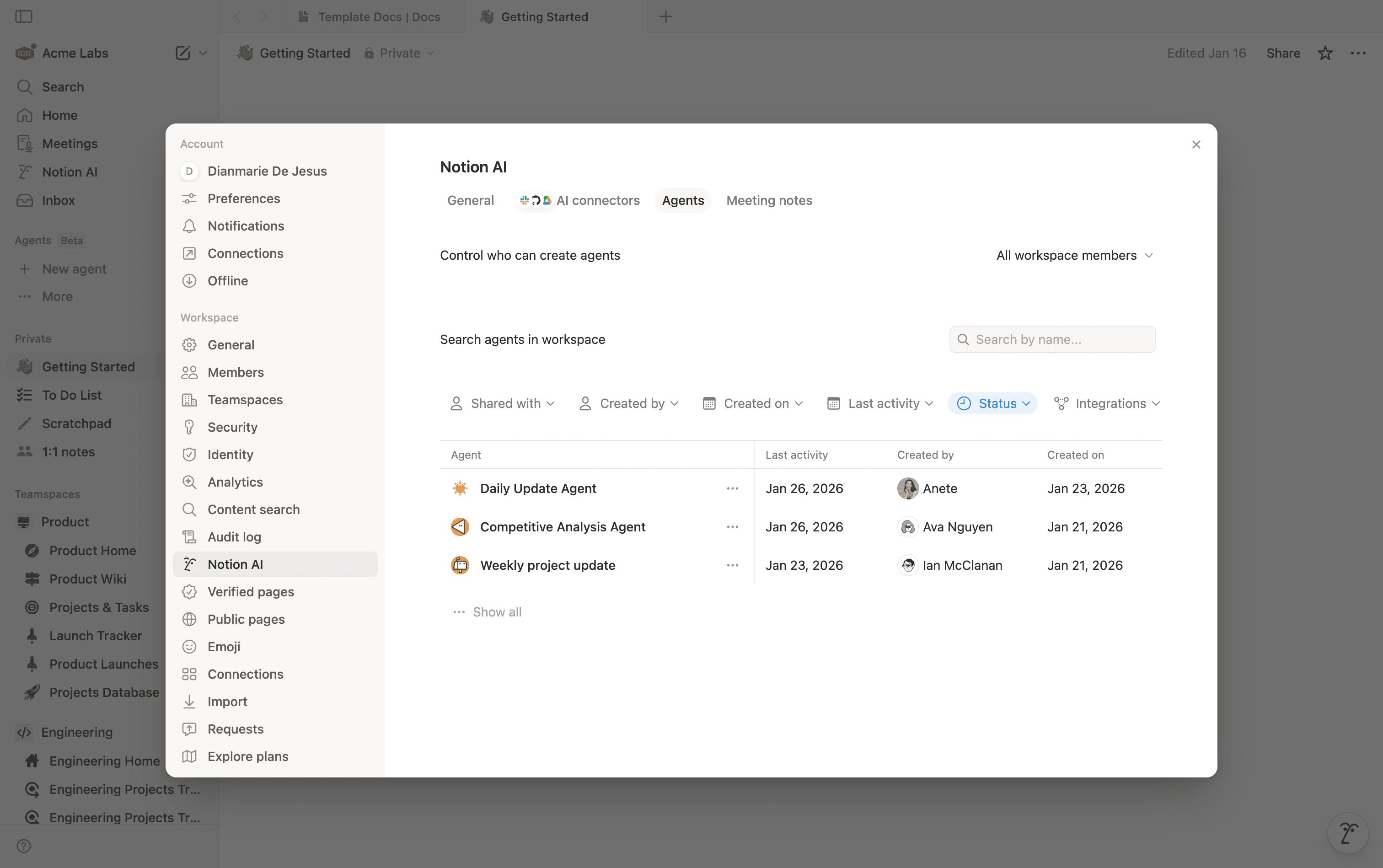 Image of agent directory within Notion AI.