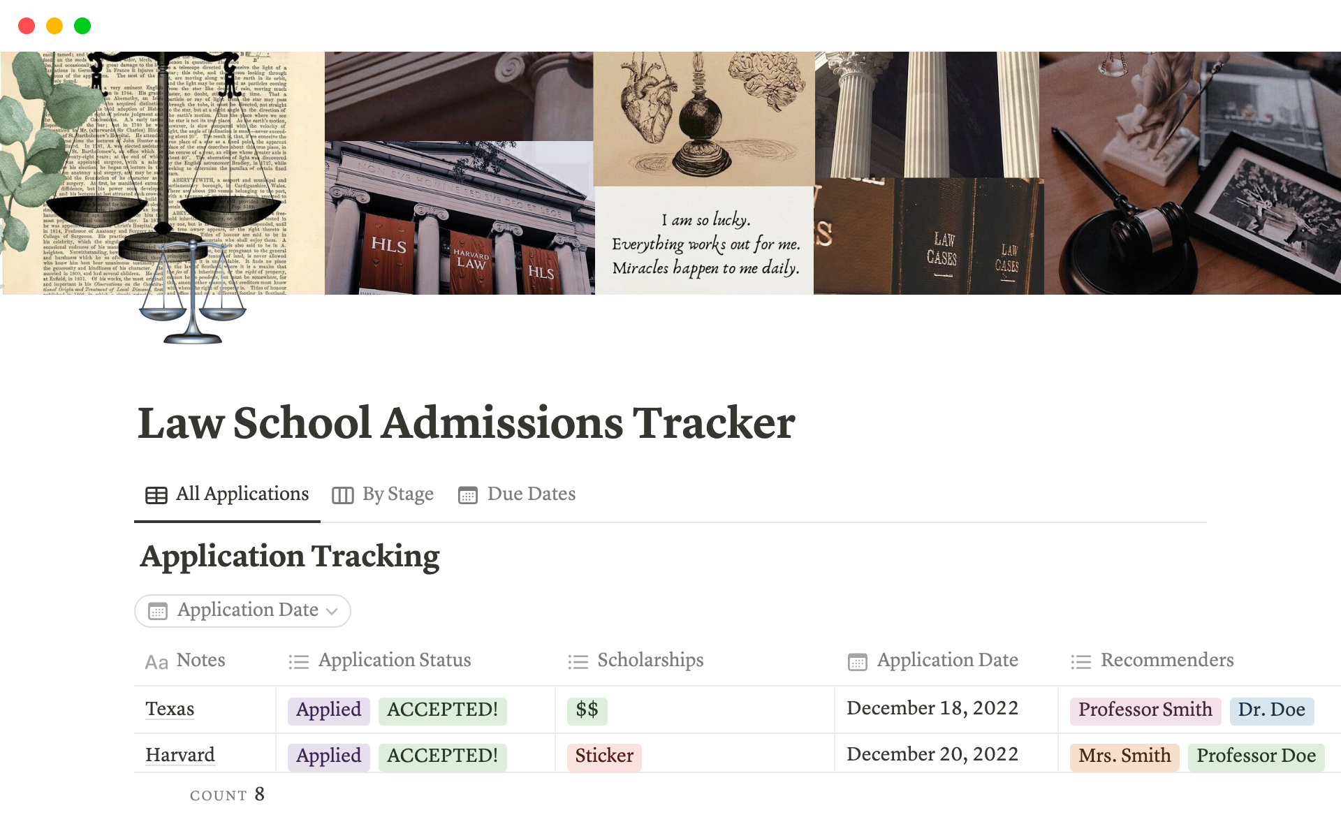 A template preview for Law School Admissions Tracker