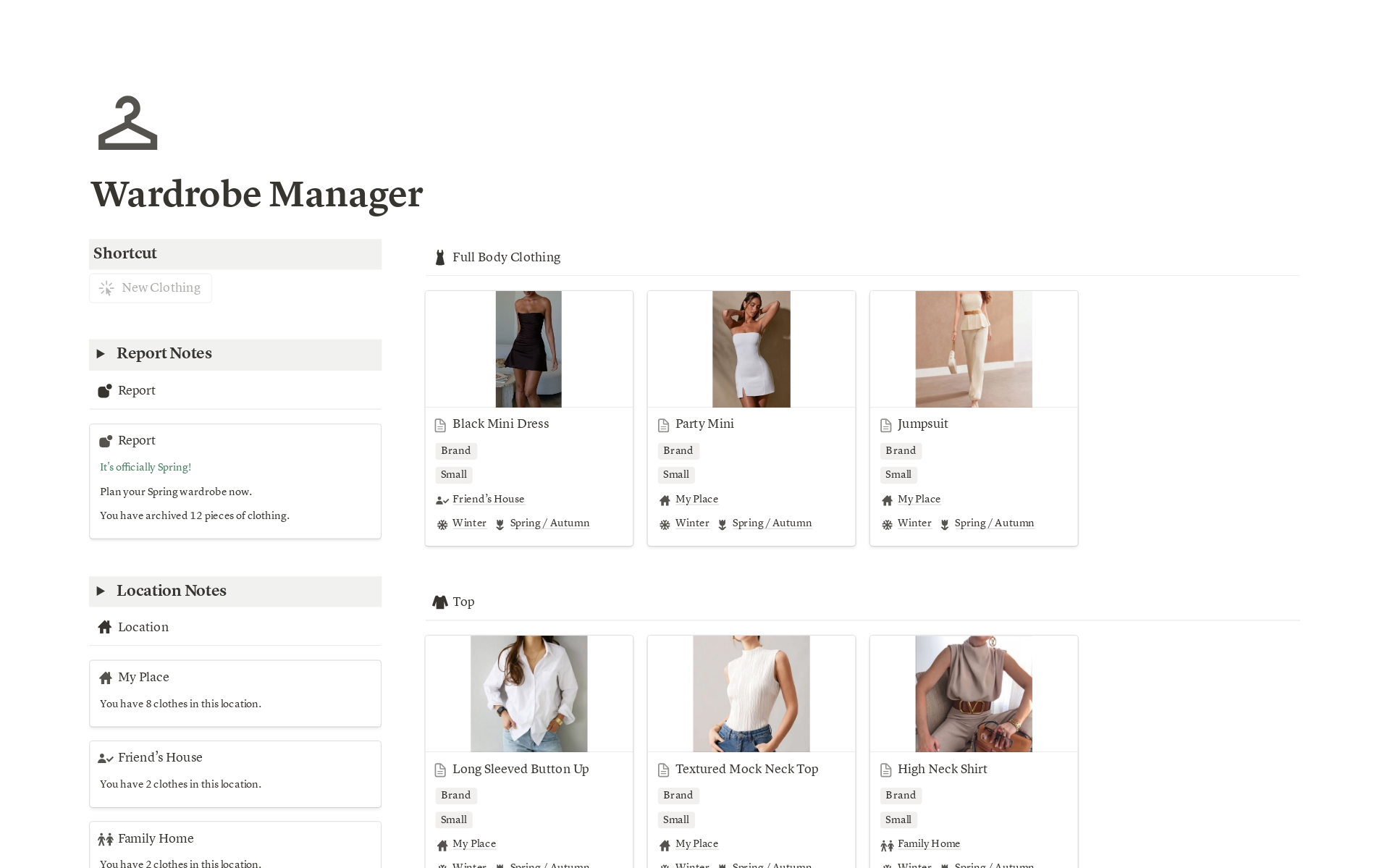 A template preview for Wardrobe Manager