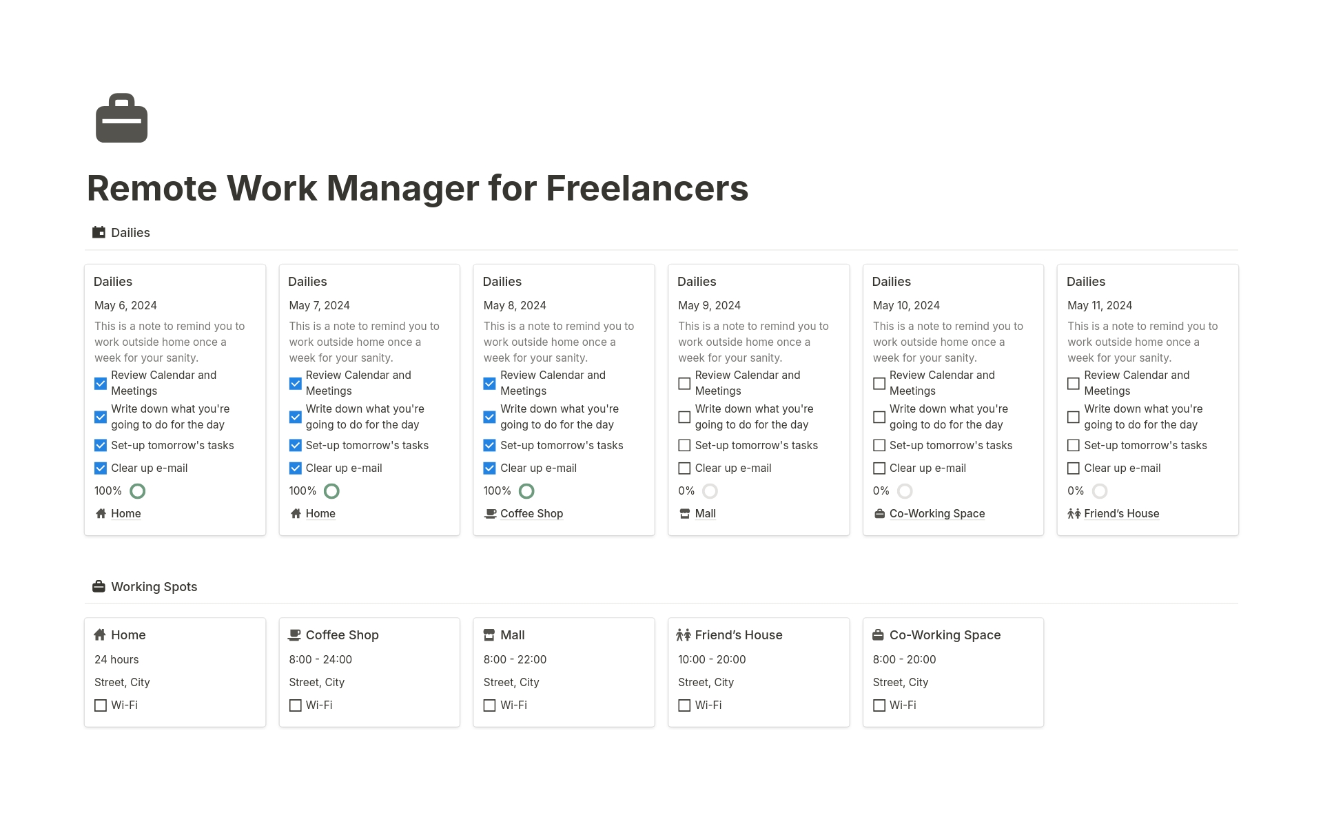 A template preview for Remote Work Manager (Freelancer)