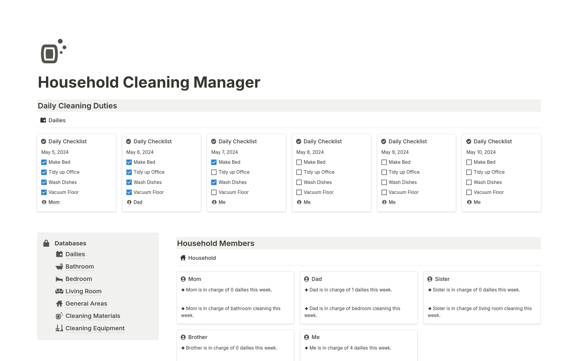 A template preview for Household Cleaning Manager
