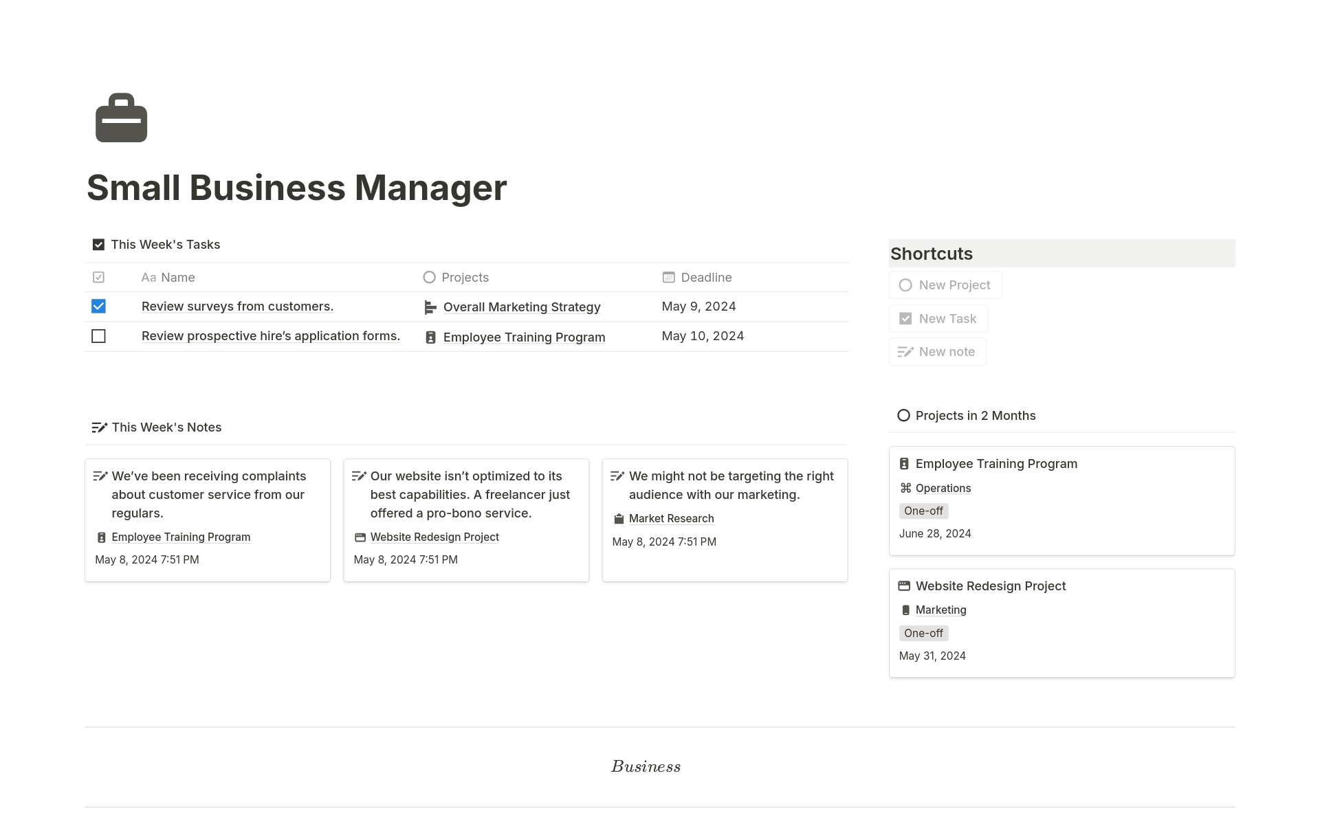 A template preview for Small Business Manager