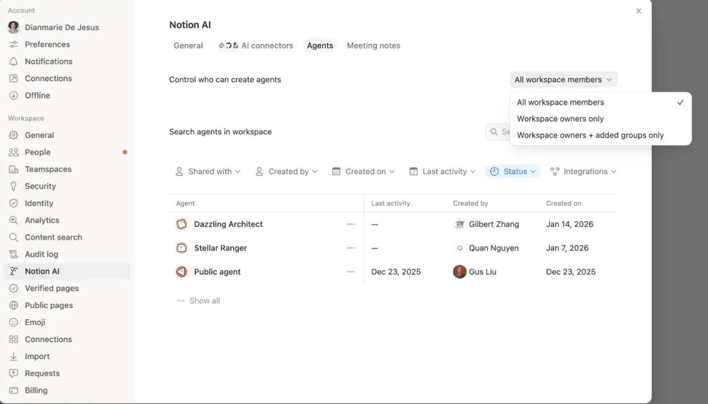 Agent creation settings within Notion AI.
