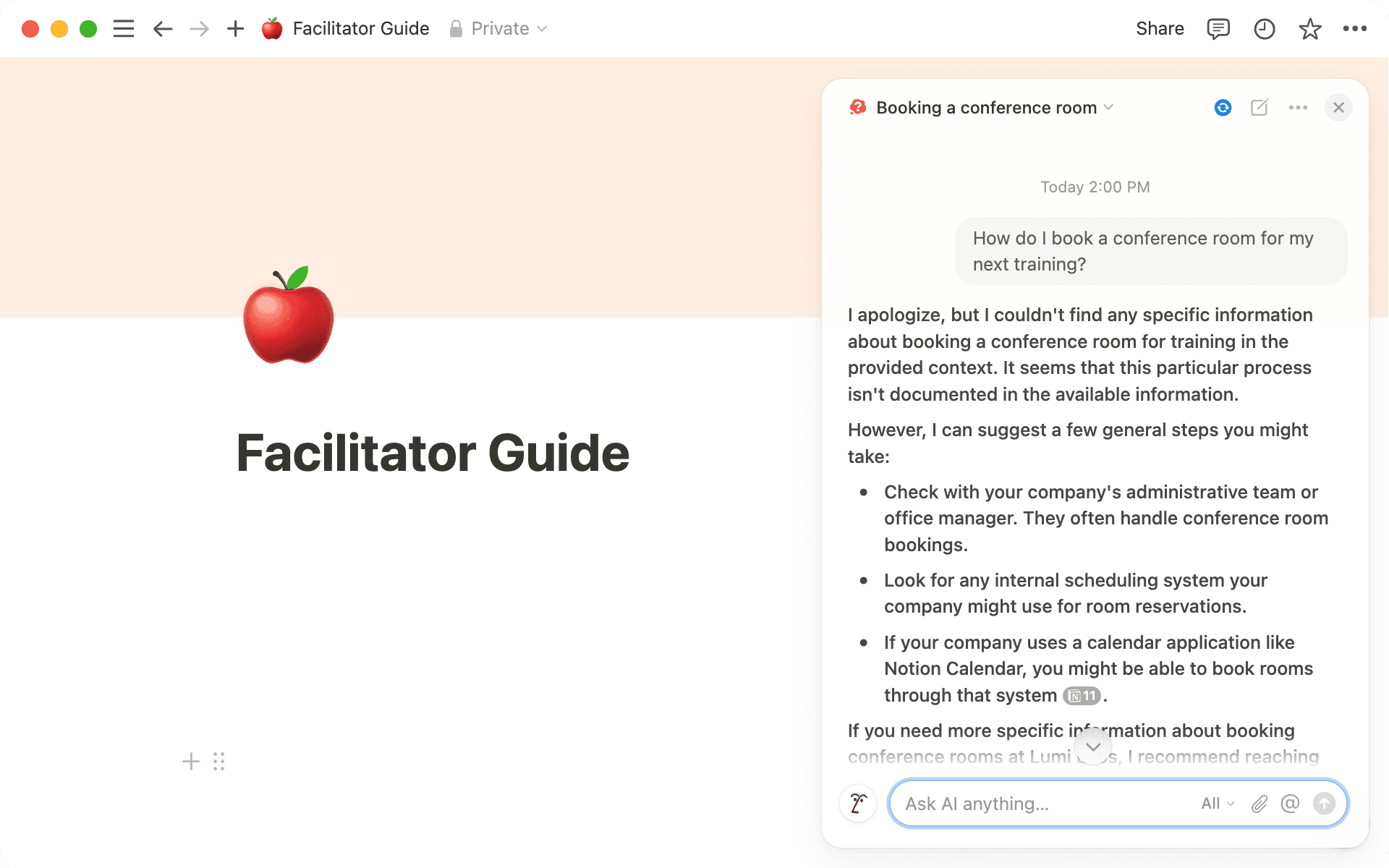 Notion AIが質問に答えられない場合は、一般的な知識に基づいて通知し、思考スターターを提供します。