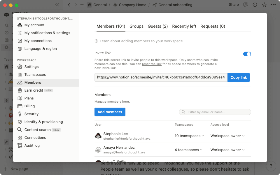 El panel Configuración y miembros te brinda acceso a la configuración del espacio de trabajo para personalizar Notion de acuerdo a tus necesidades.