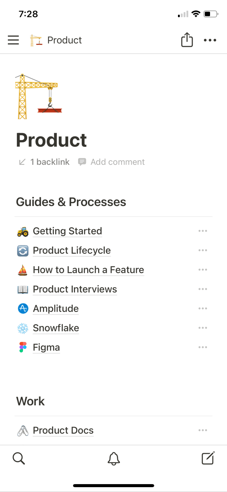 Captura de tela do aplicativo móvel do Notion