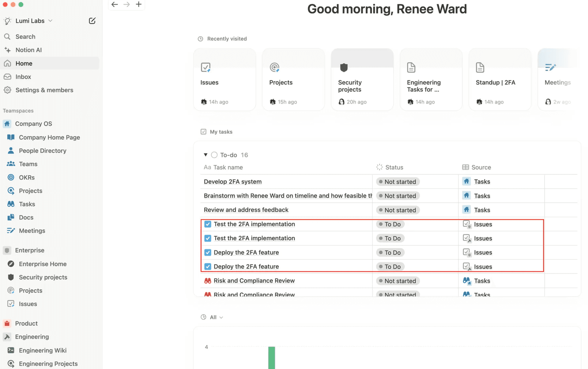 Finde synchronisierte Jira-Issues, die dir zugewiesen wurden, unter „Meine Aufgaben“ auf deiner Home-Seite in Notion