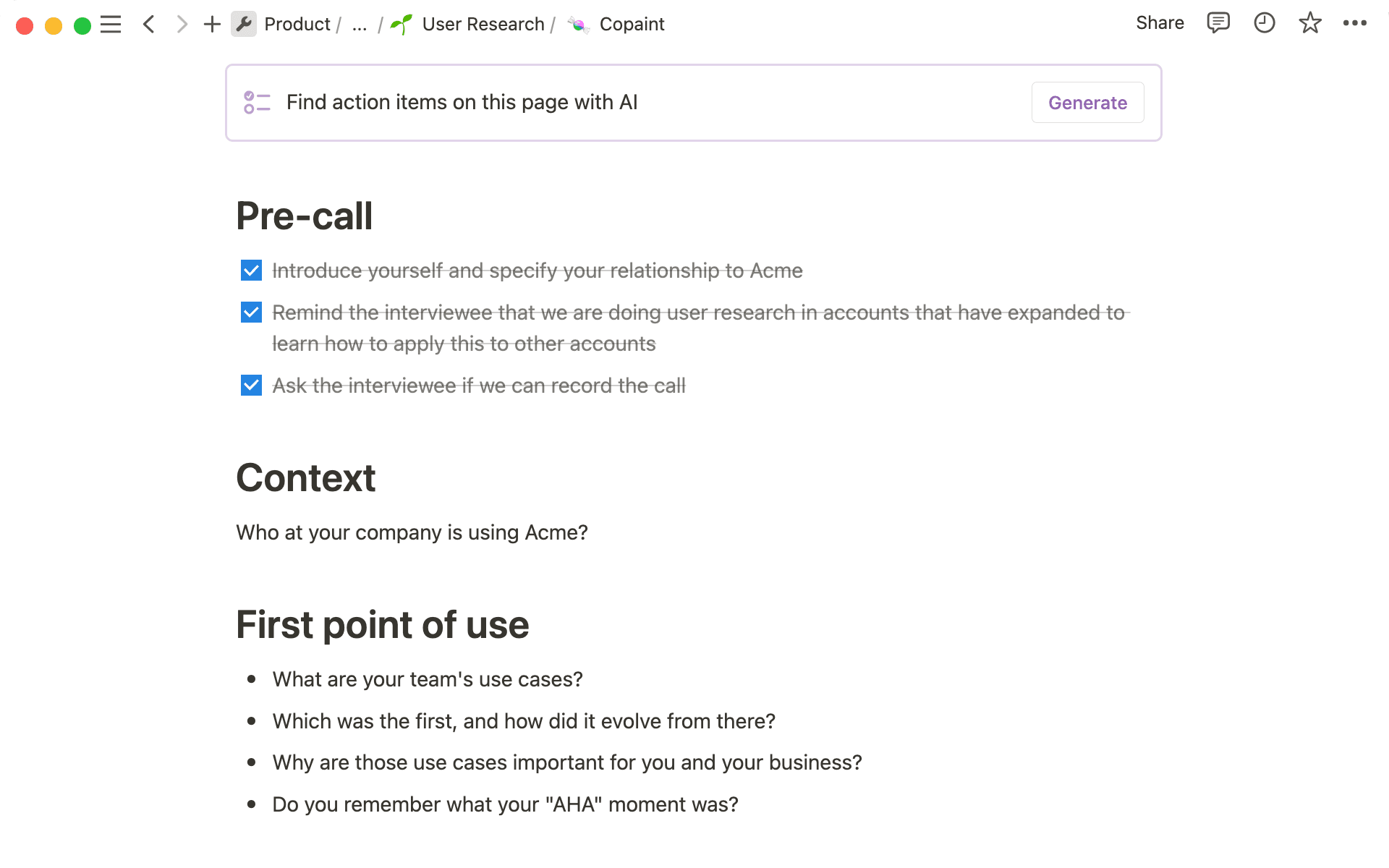 Add an Action items block to extract tasks to do from a user research page.