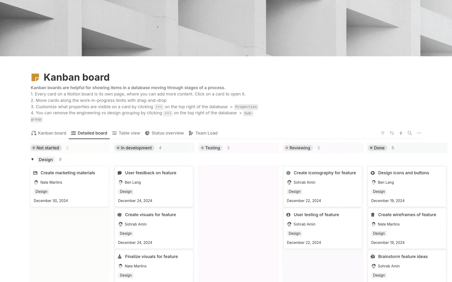 One of Notion’s Kanban board templates, with movable task blocks across project stages