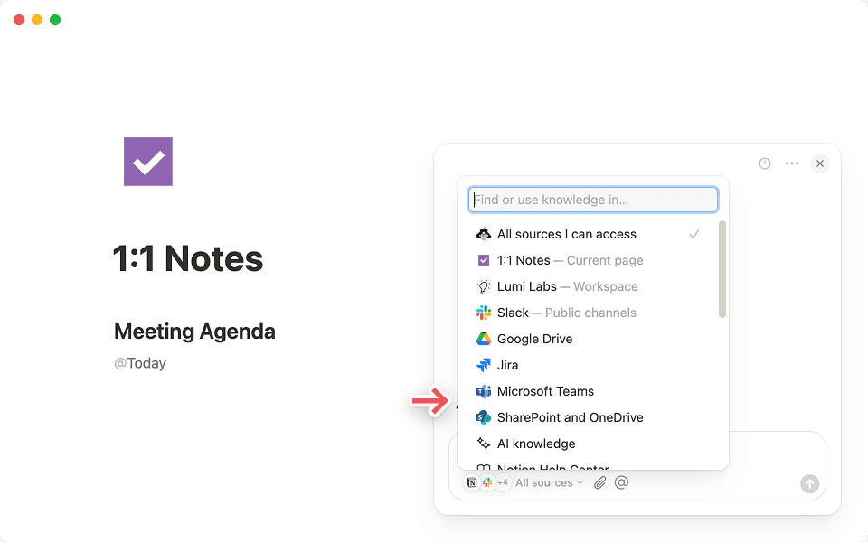 まずは、Notion AIチャットの「すべてのソース」タブで「+ アプリを接続する」オプションを選択してください。