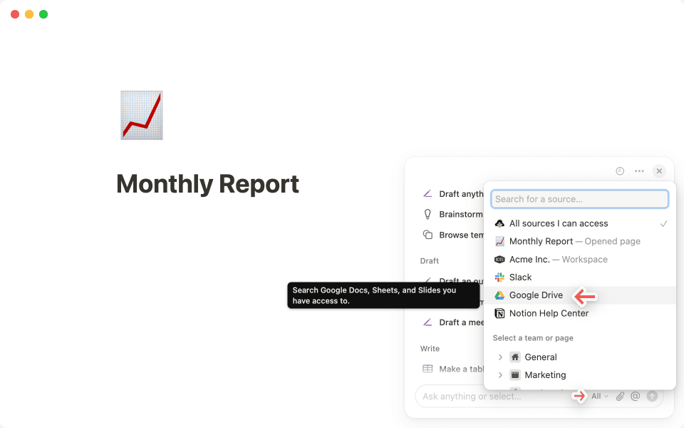 NotionAIチャットの右上隅にある3つのドット•••メニューをクリックして、Googleドライブに接続します。