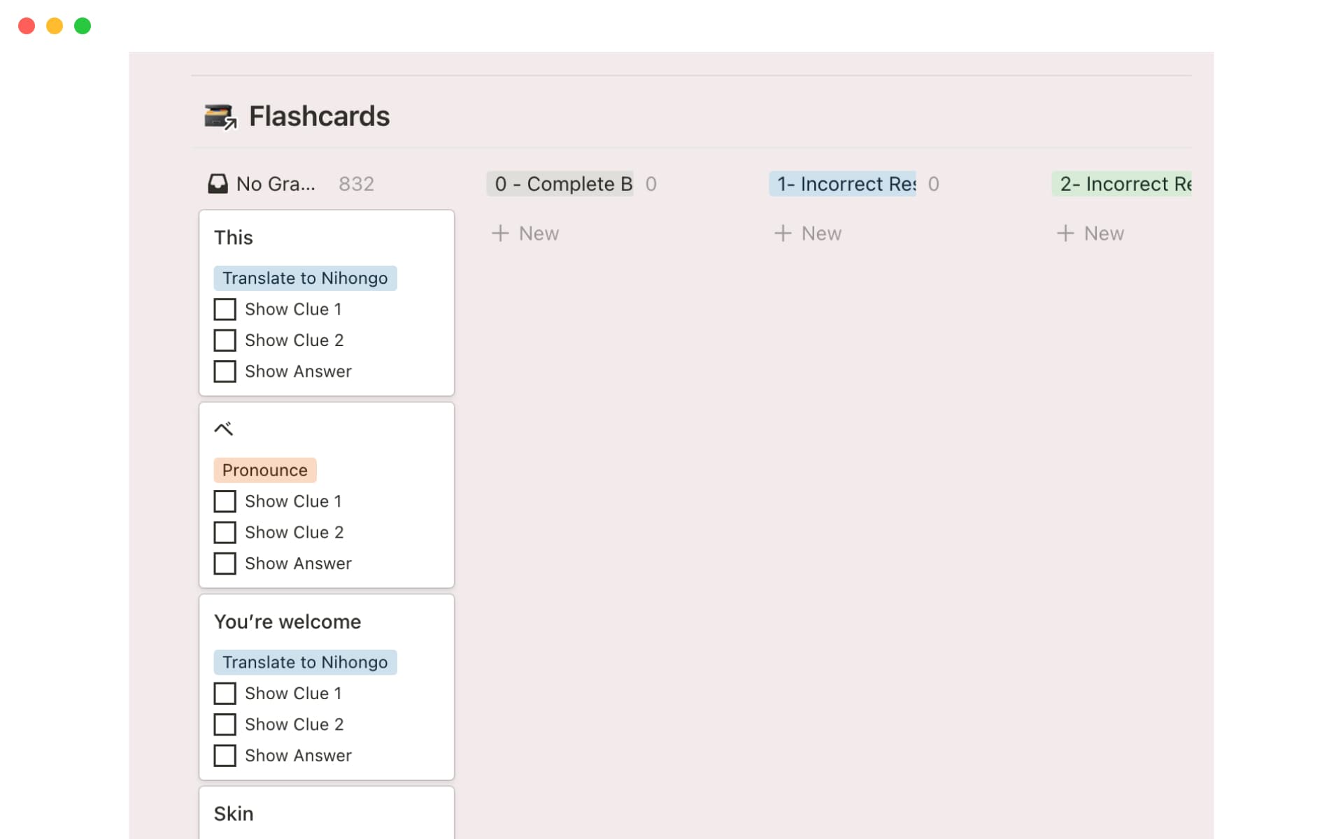 A screenshot of flashcards in Notion.
