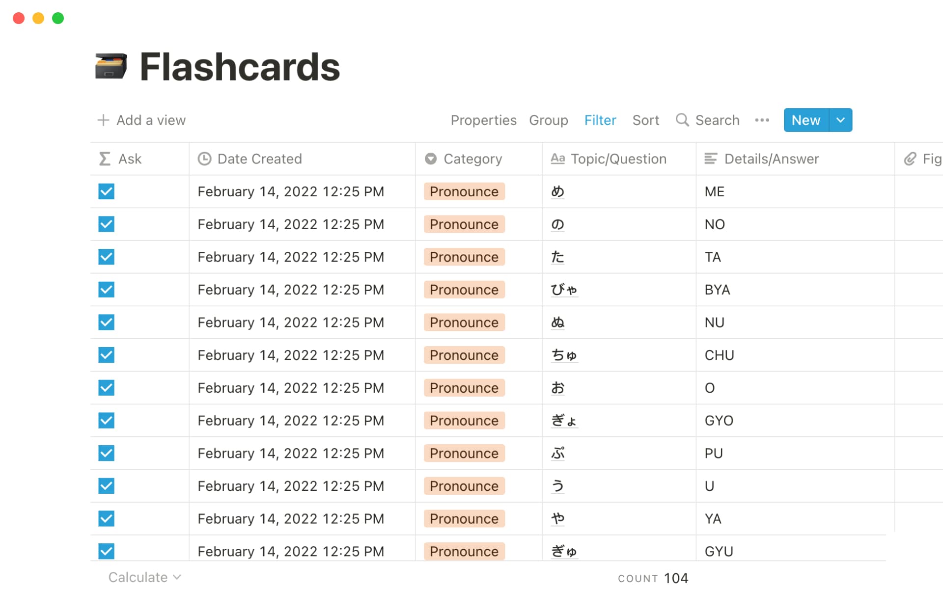 A screenshot of flaschards in Notion.