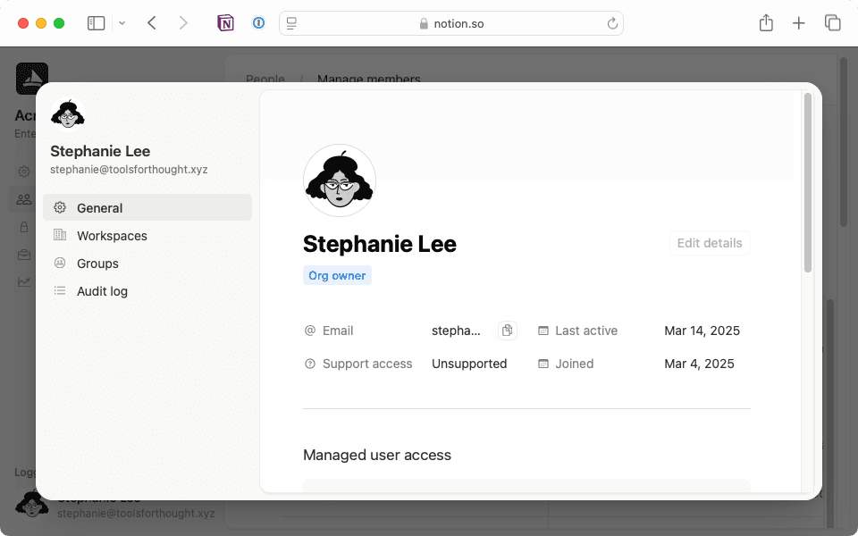 Acesse as configurações individuais dos membros para verificar se alguém é proprietário da organização.