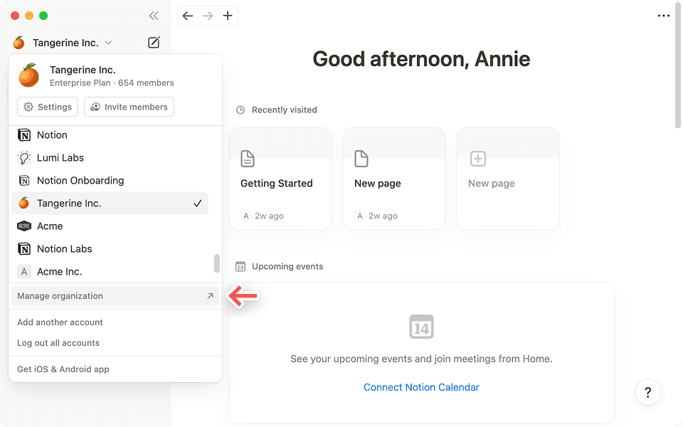 Clique em “Gerenciar organização” na barra lateral para acessar o painel de administrador.