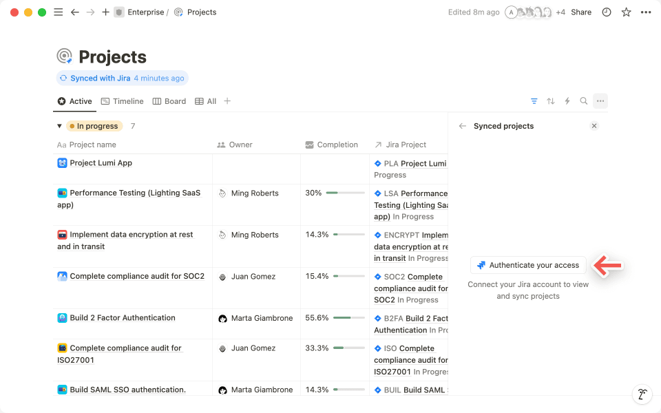Klicke auf „Authentifiziere deinen Zugriff“, um deine Identität zu überprüfen und Jira-Projekte in Notion zu integrieren