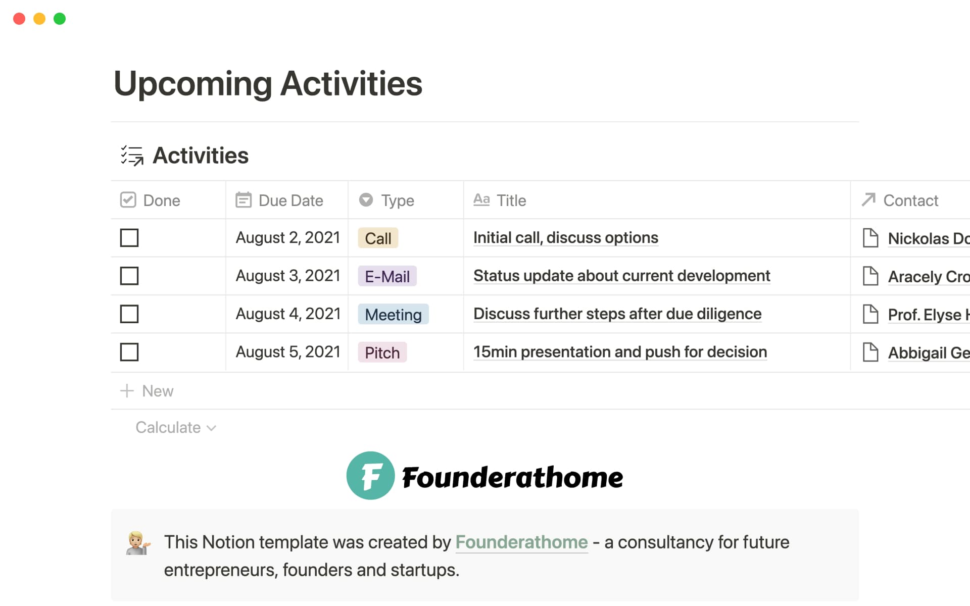 upcoming activities pitches