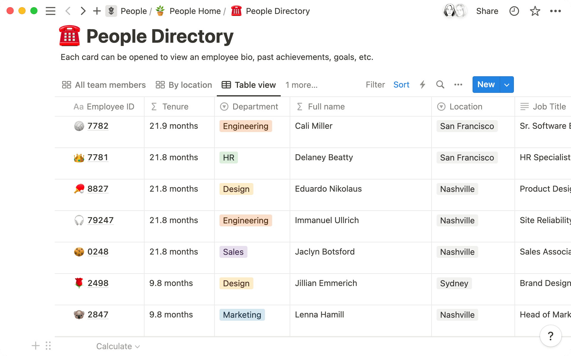 数式を使って、従業員の在職期間と氏名を算出します。