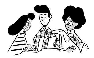 Illustration of three people doing a retro on a project