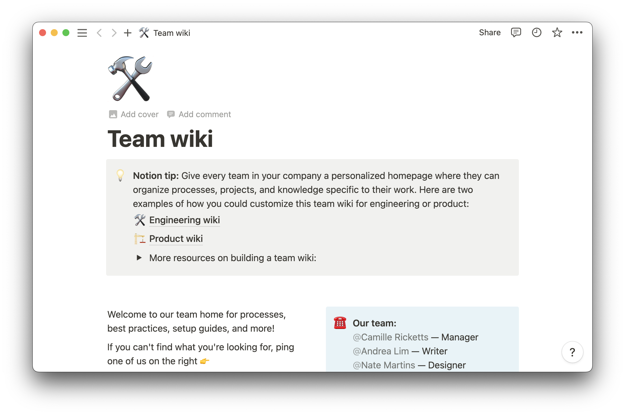 Notion team wiki template