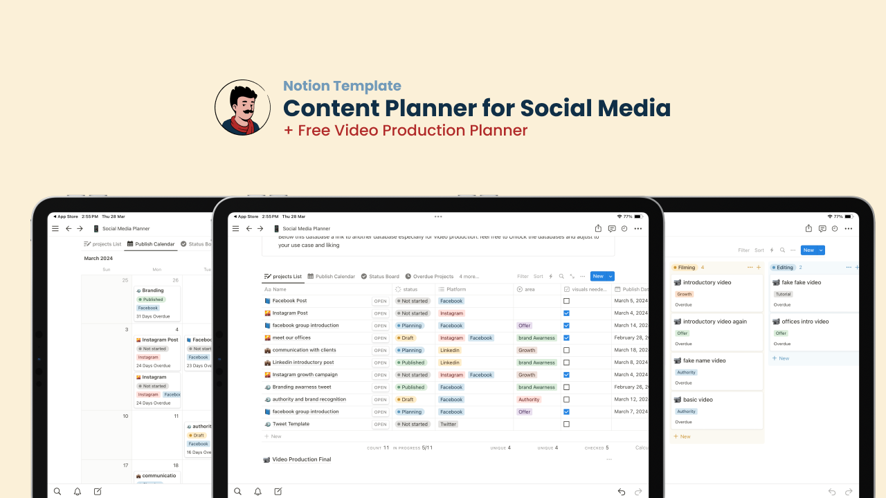 Tired of Losing track of your different content on different platforms?
using this notion, you can manage your social media projects+ a bonus section to manage video productions.