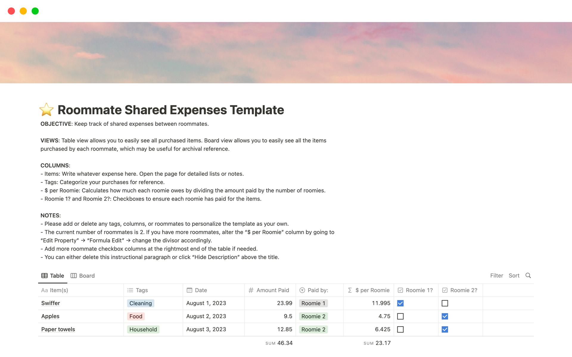 A template preview for Roommate Shared Expenses