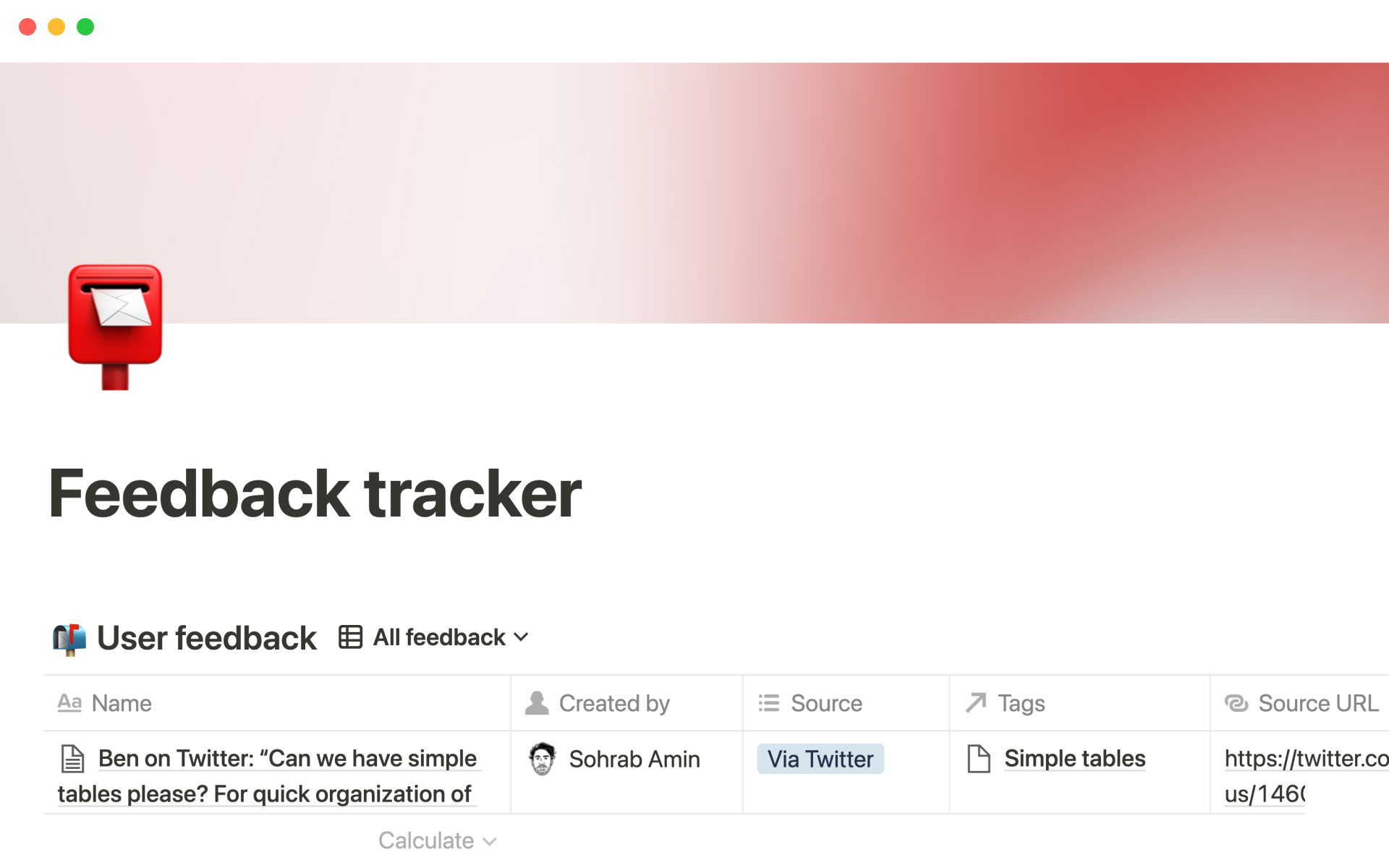 A template preview for Notion's feedback tracker