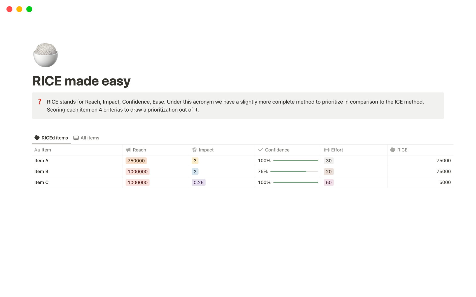 A template preview for RICE made easy