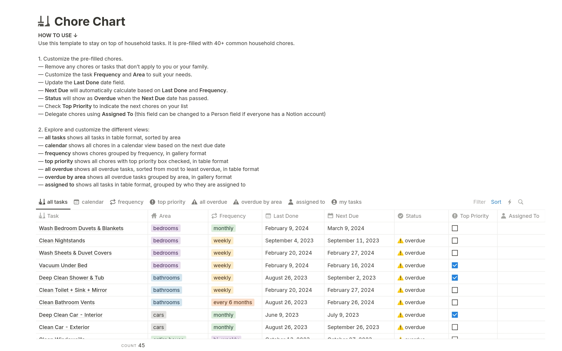 A template preview for Chore Chart