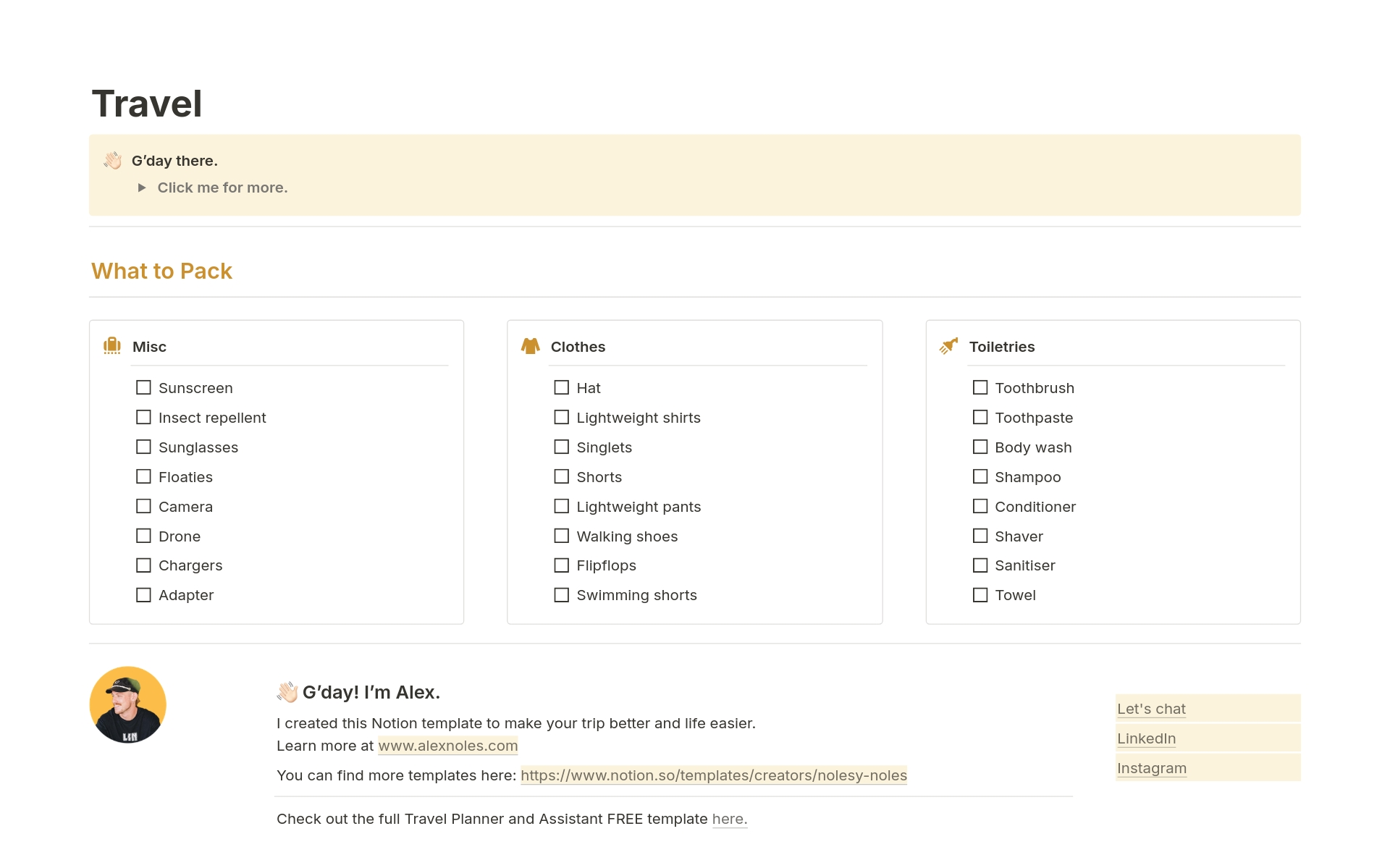 A template preview for Travel Packing List