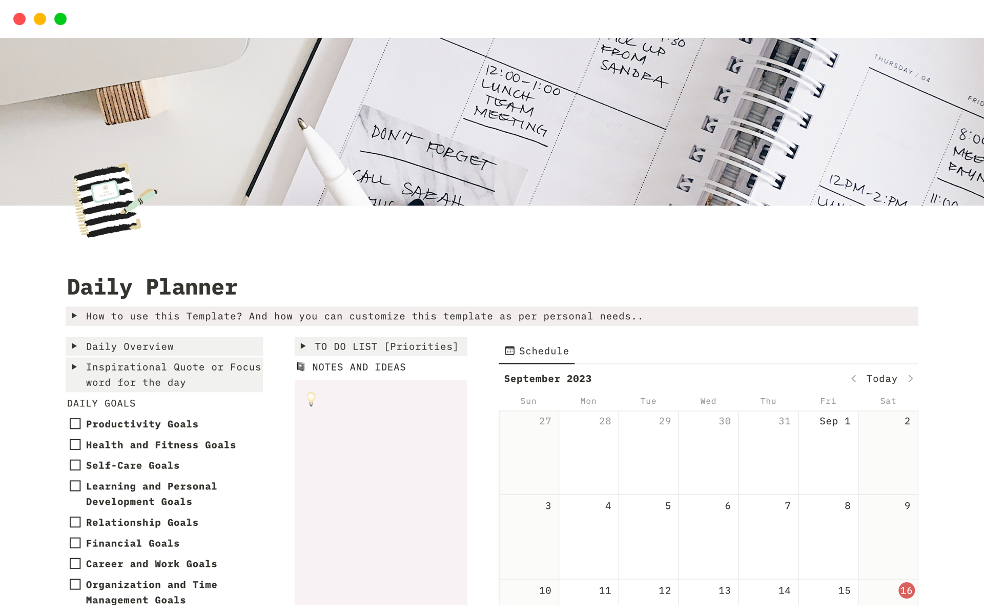 A template preview for Daily Planner