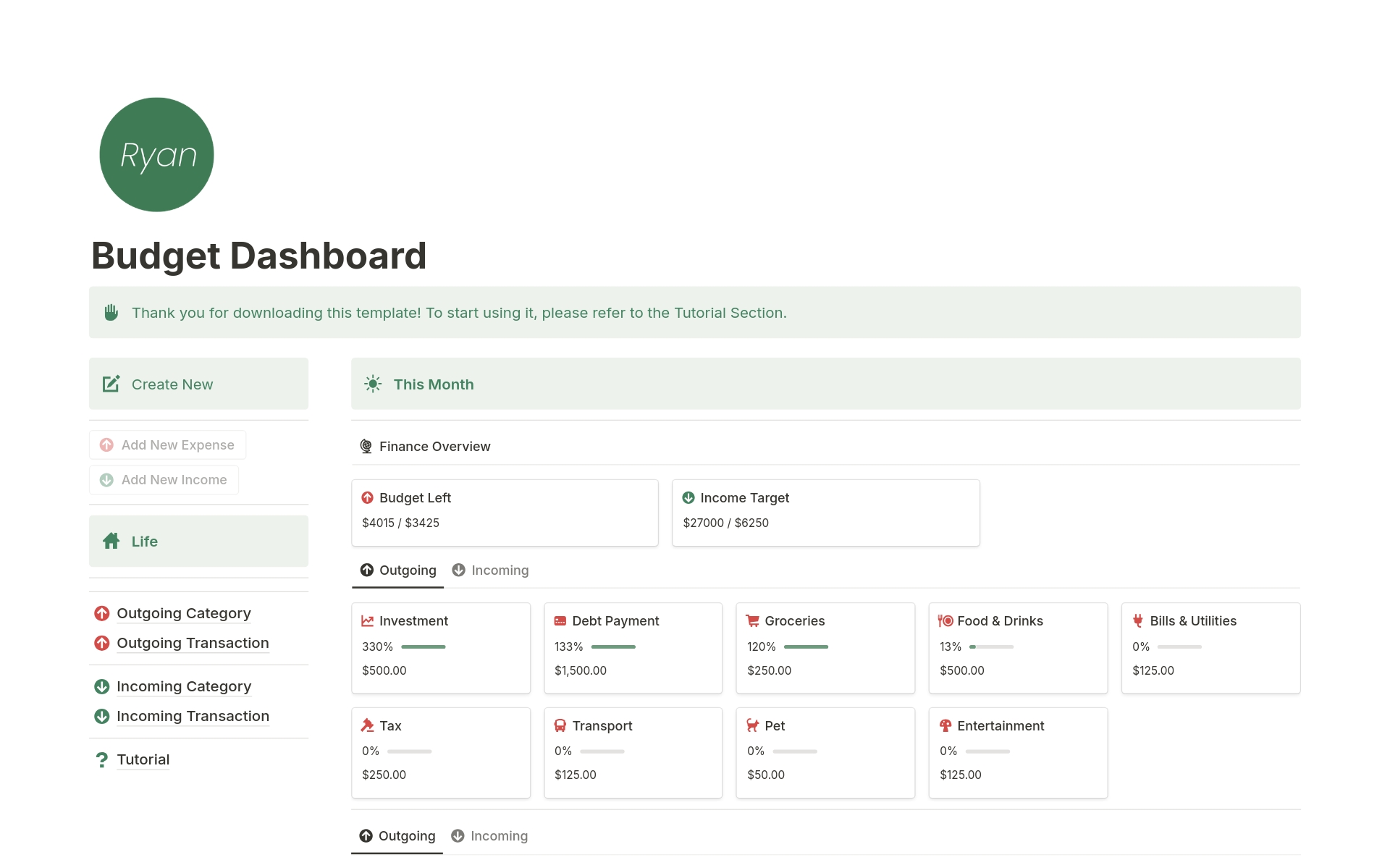 A template preview for Budget Tracker - RyanOS