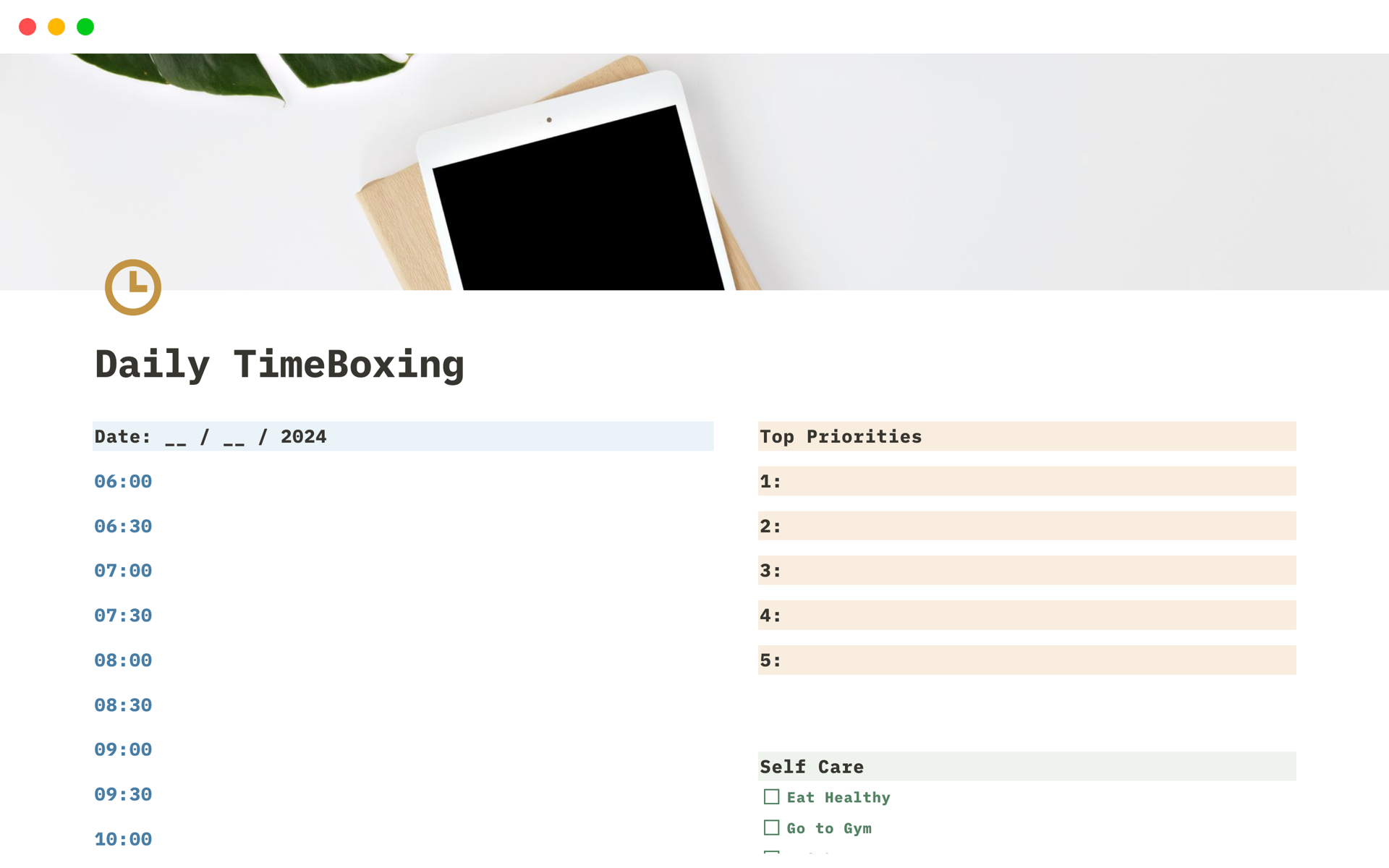 A template preview for Daily TimeBoxing