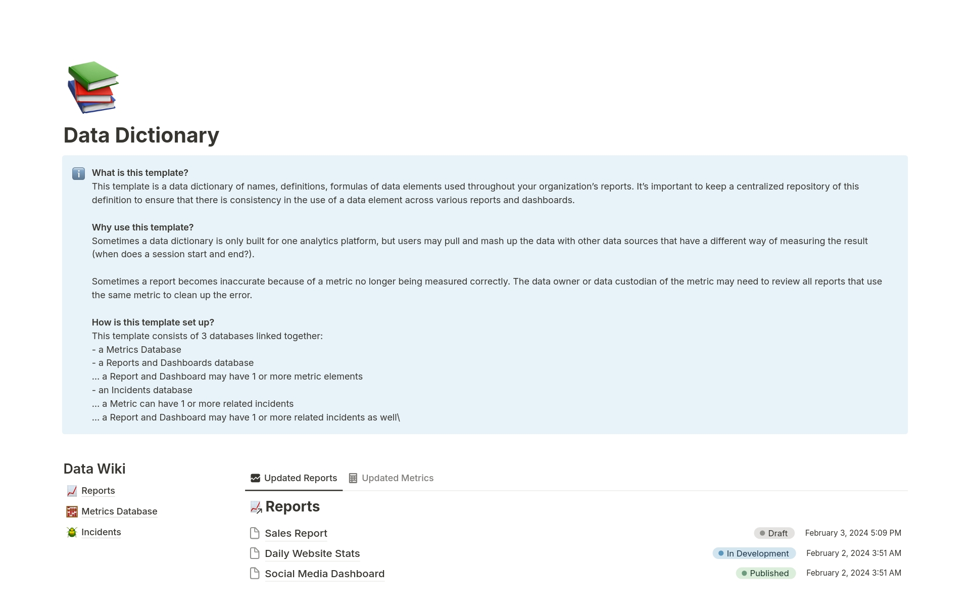 A template preview for Data Dictionary