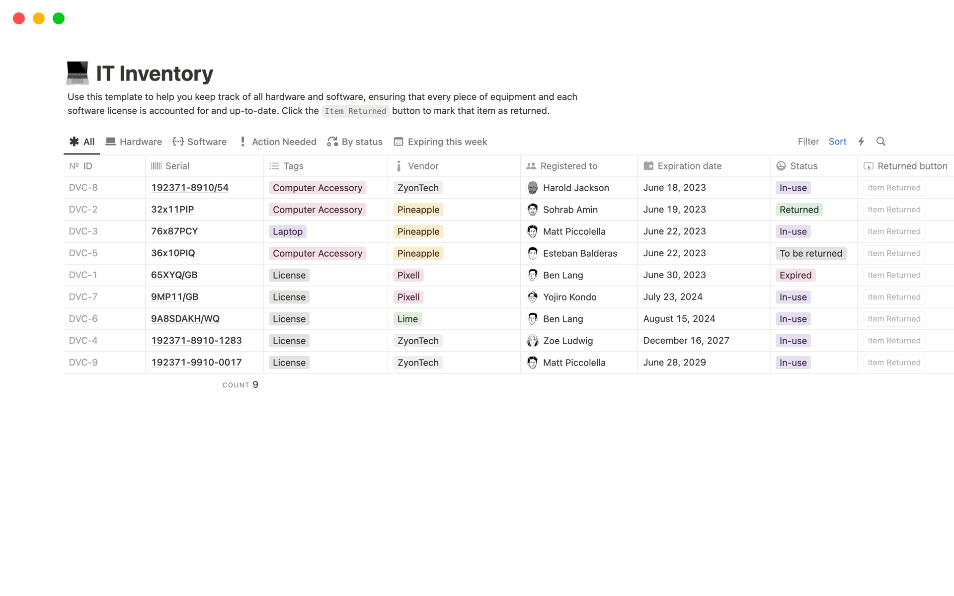 A template preview for IT Inventory