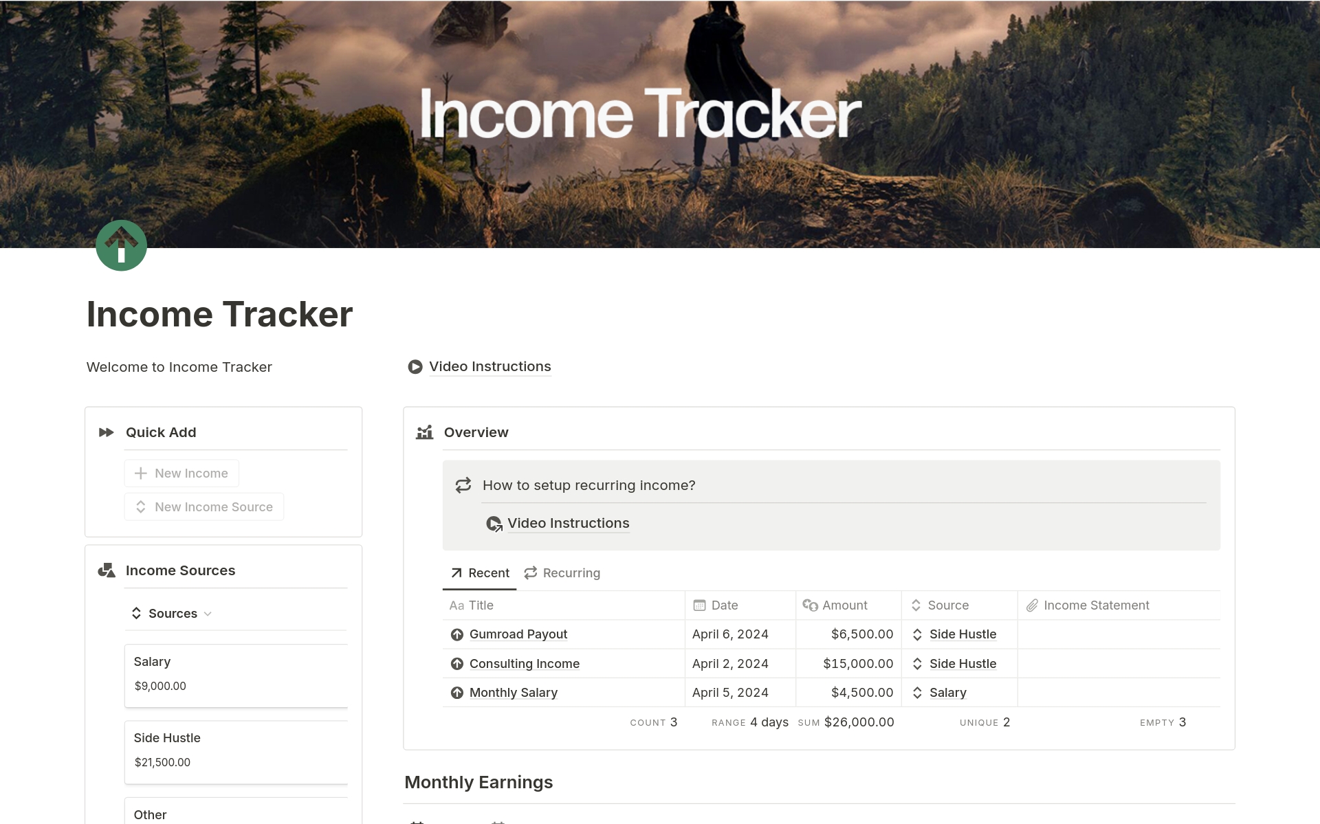 A template preview for Income Tracker