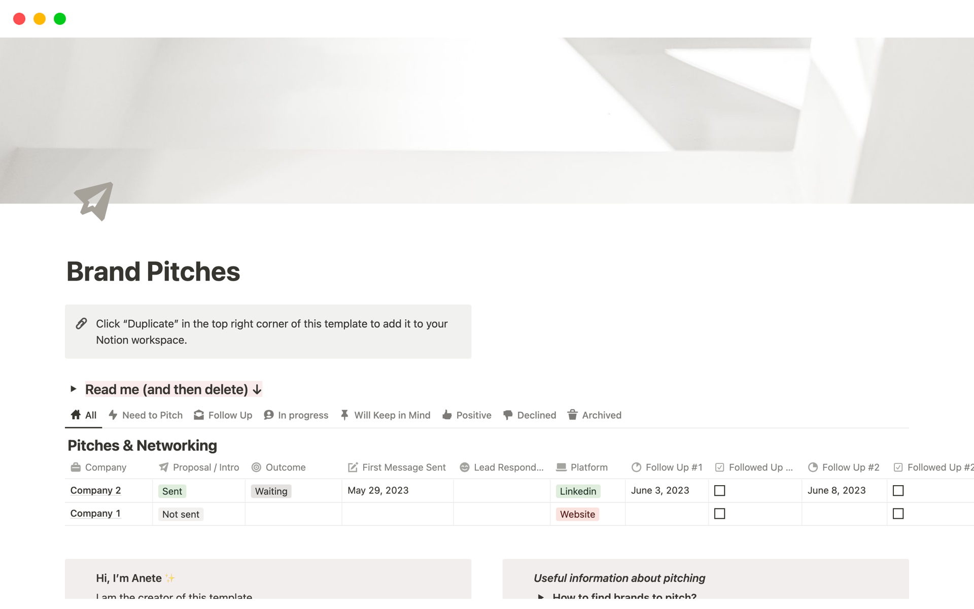 A template preview for Cold Pitches Tracker