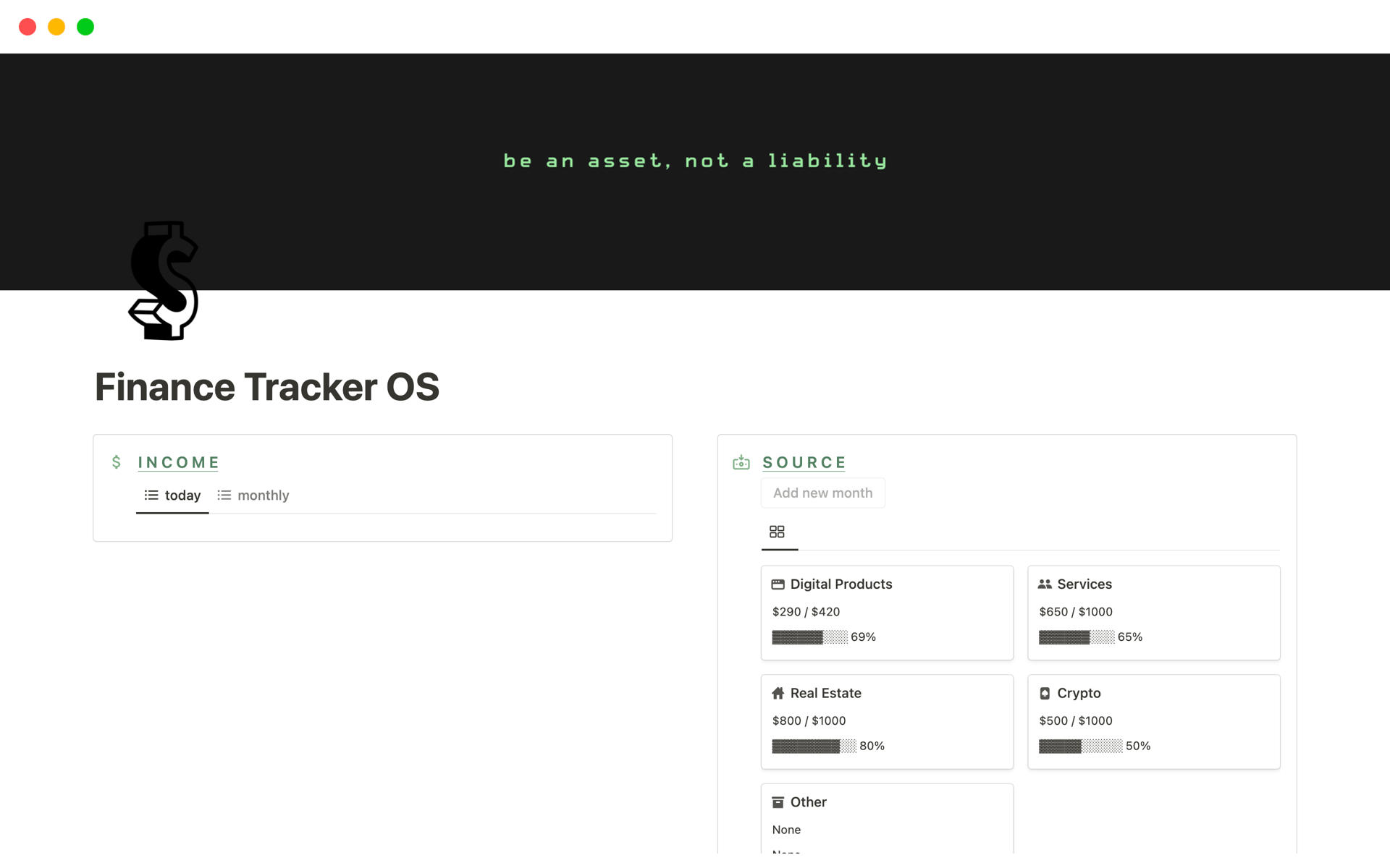 A template preview for Finance Tracker OS