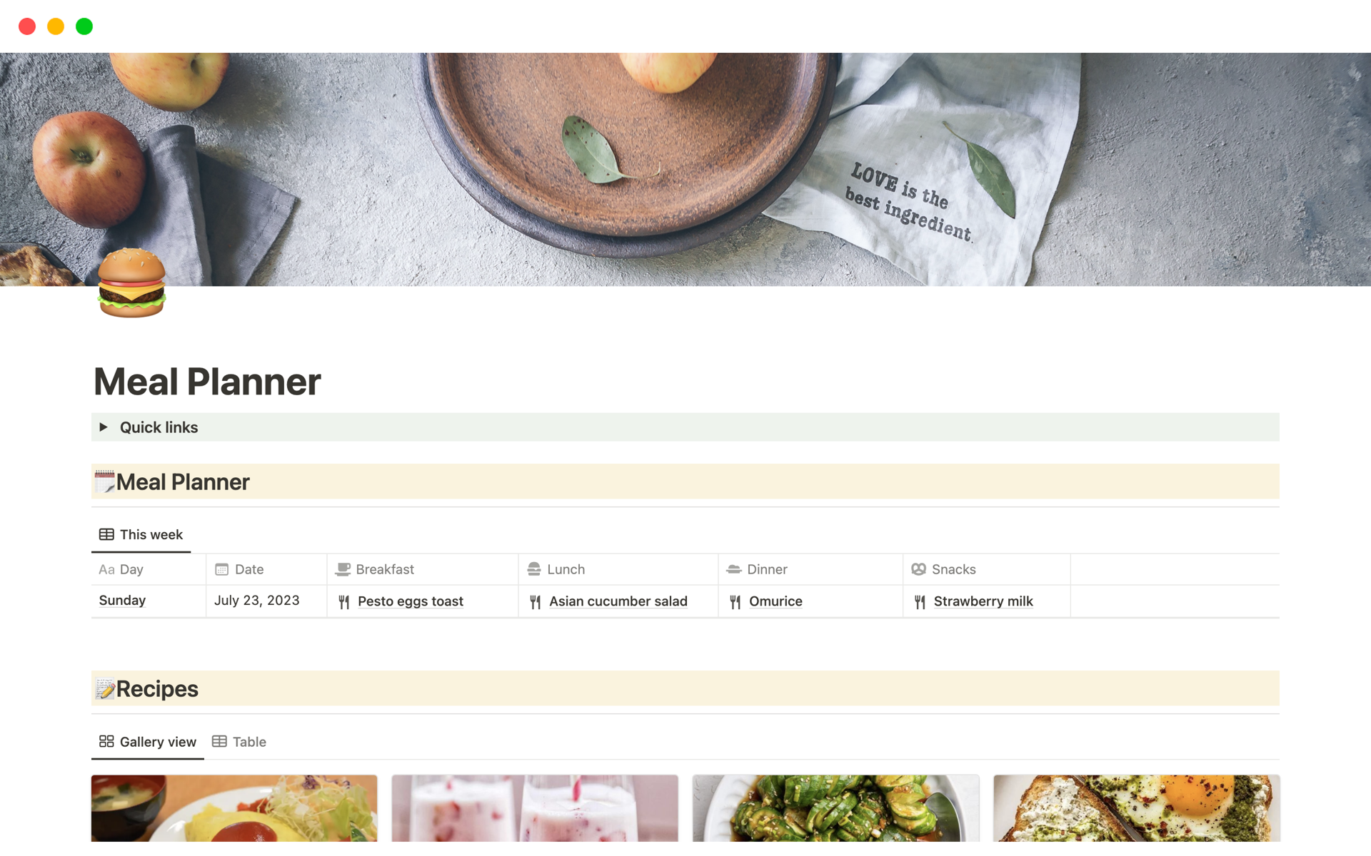 A template preview for Meal Planner