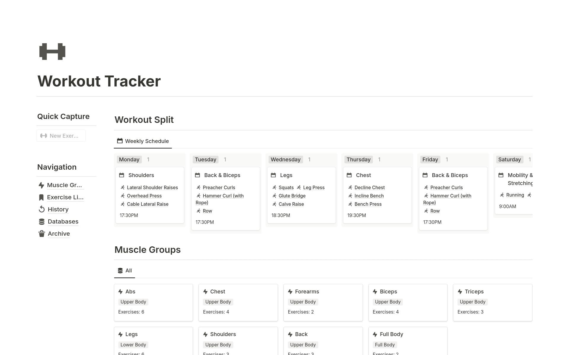 A template preview for Workout Tracker