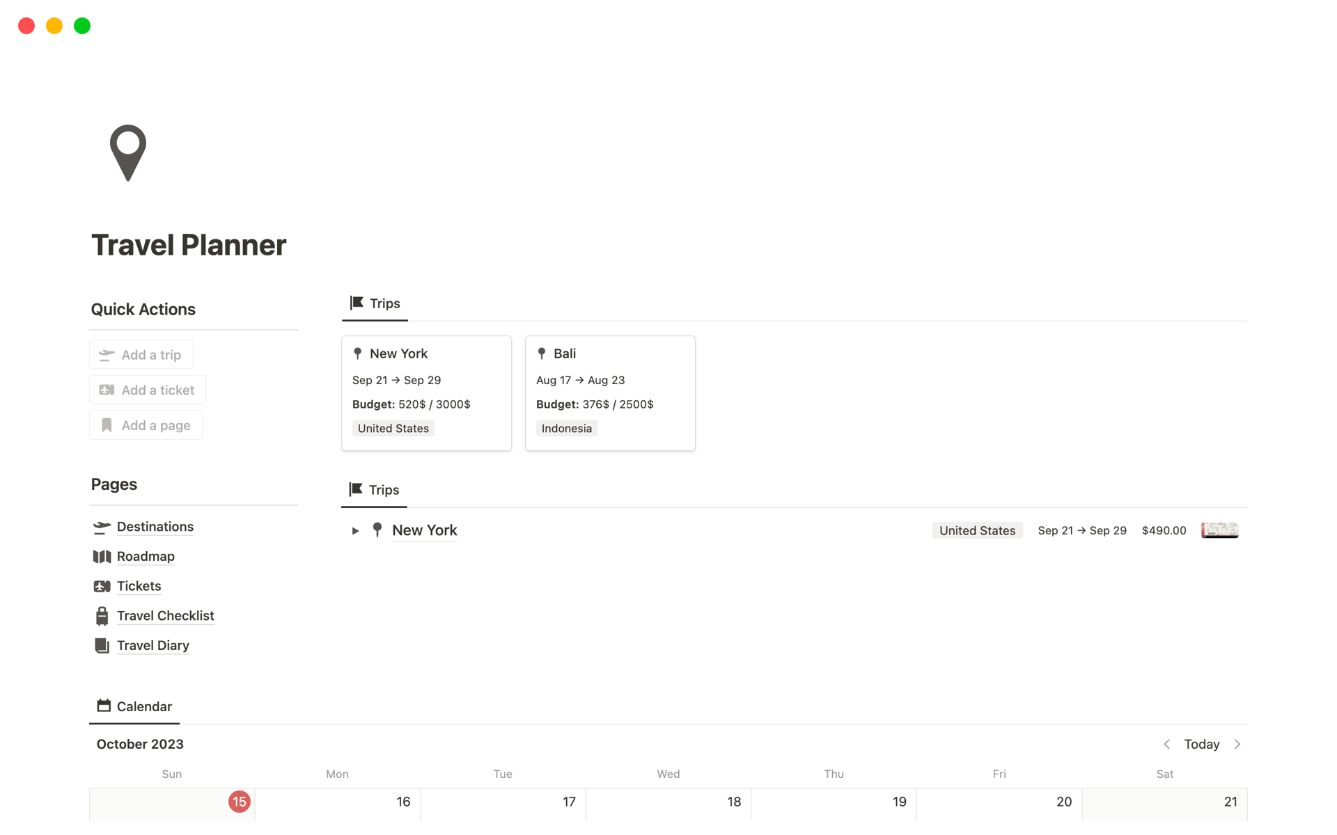 A template preview for Travel Planner