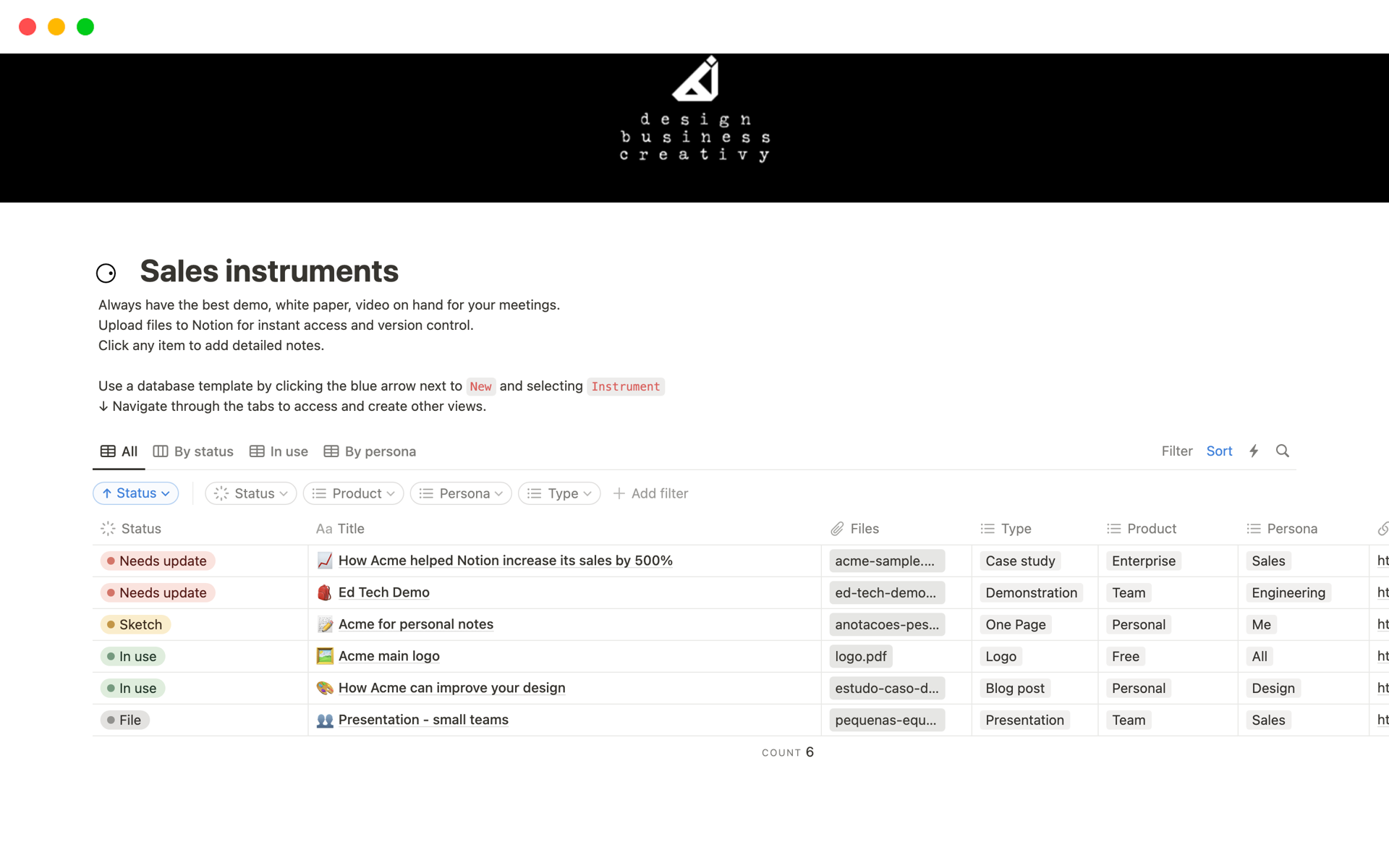 A template preview for Sales instruments