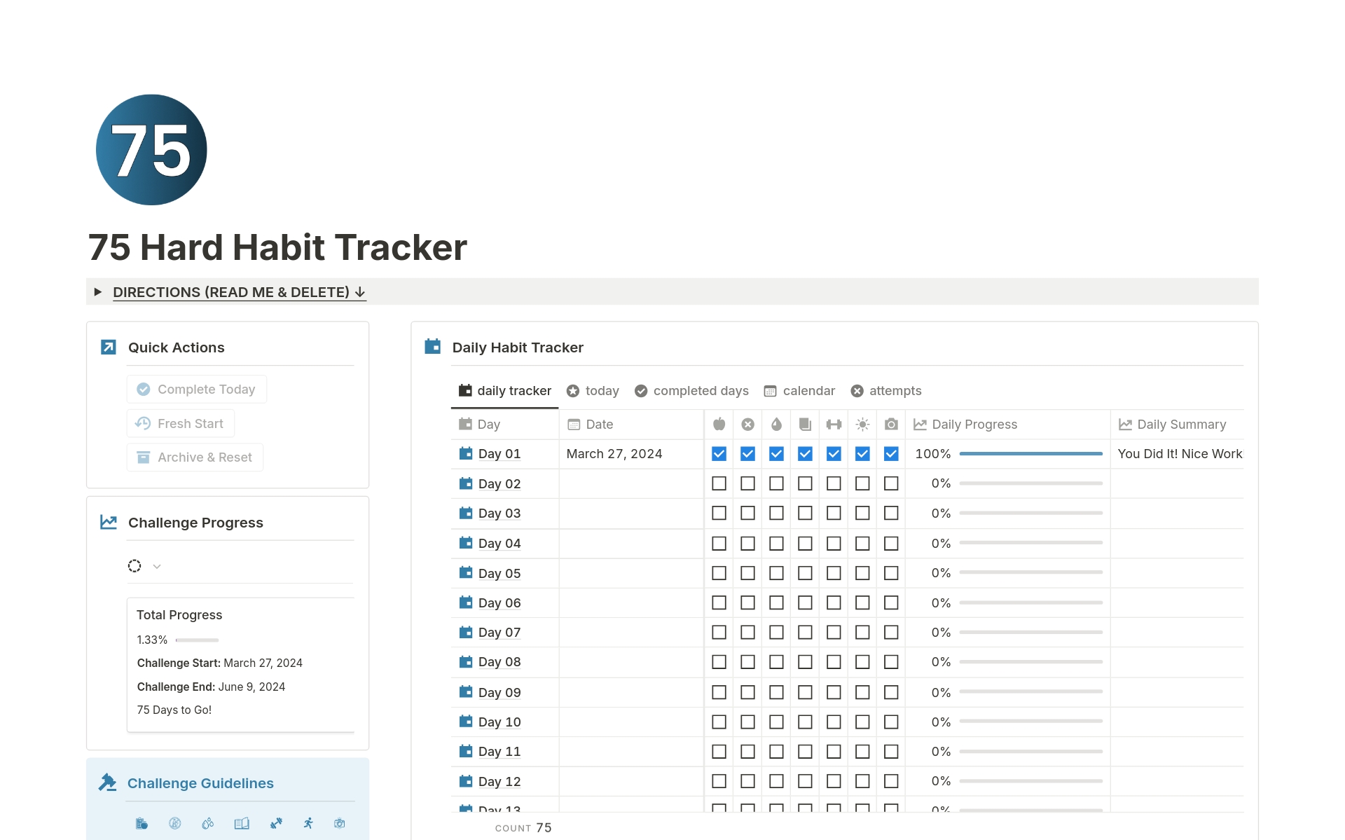 A template preview for 75 Hard Habit Tracker