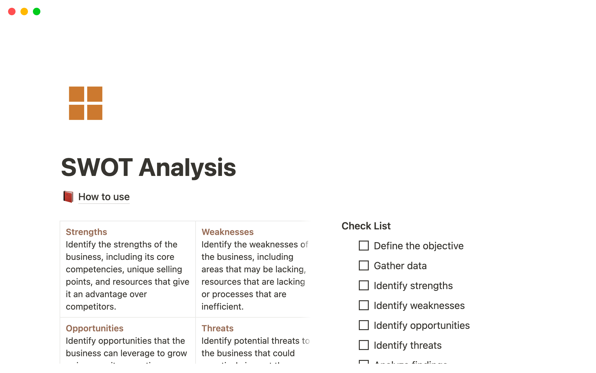 A template preview for SWOT Analysis