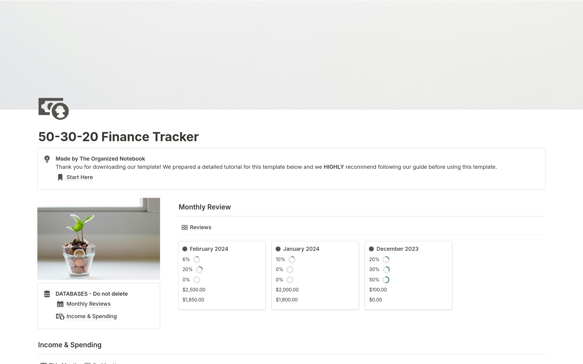 A template preview for 50-30-20 Finance Tracker