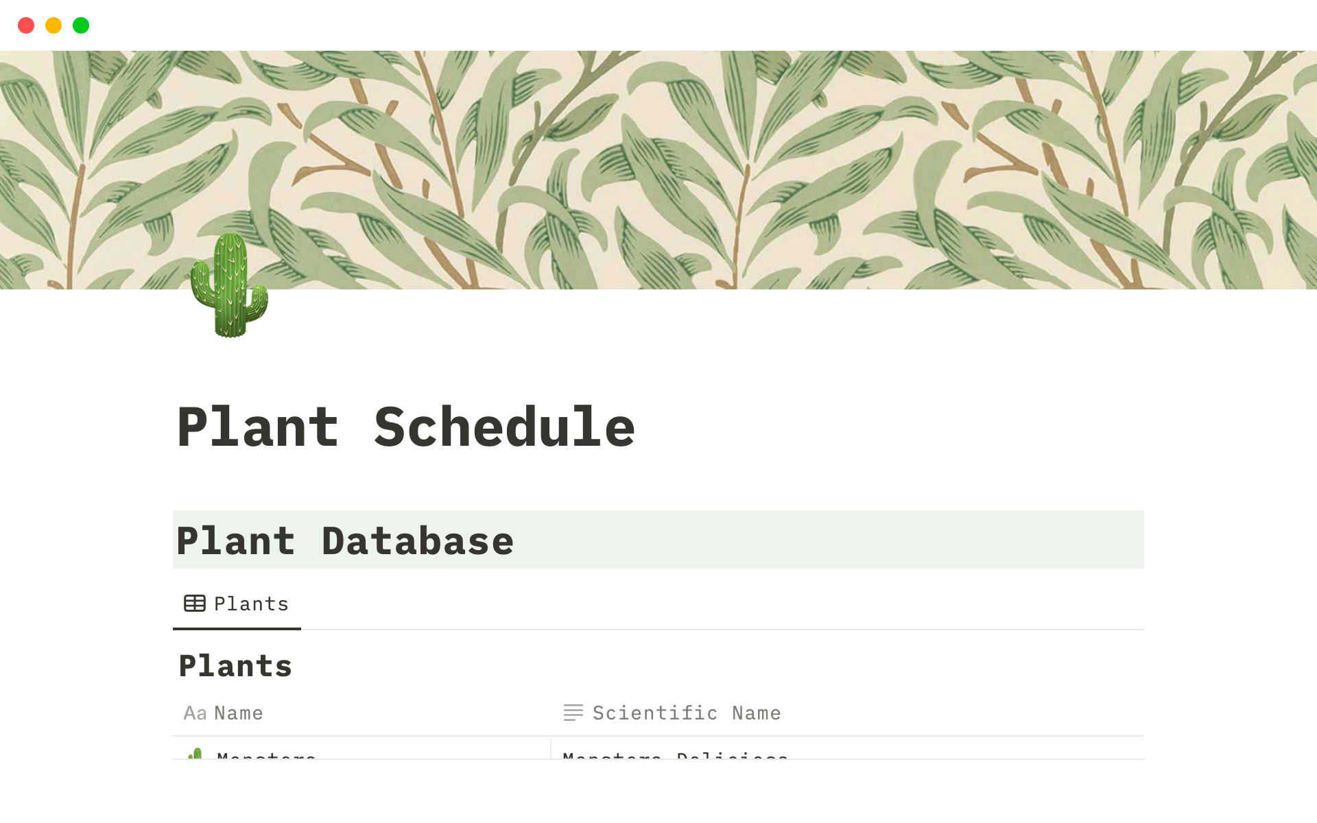 A template preview for Plant Watering Schedule