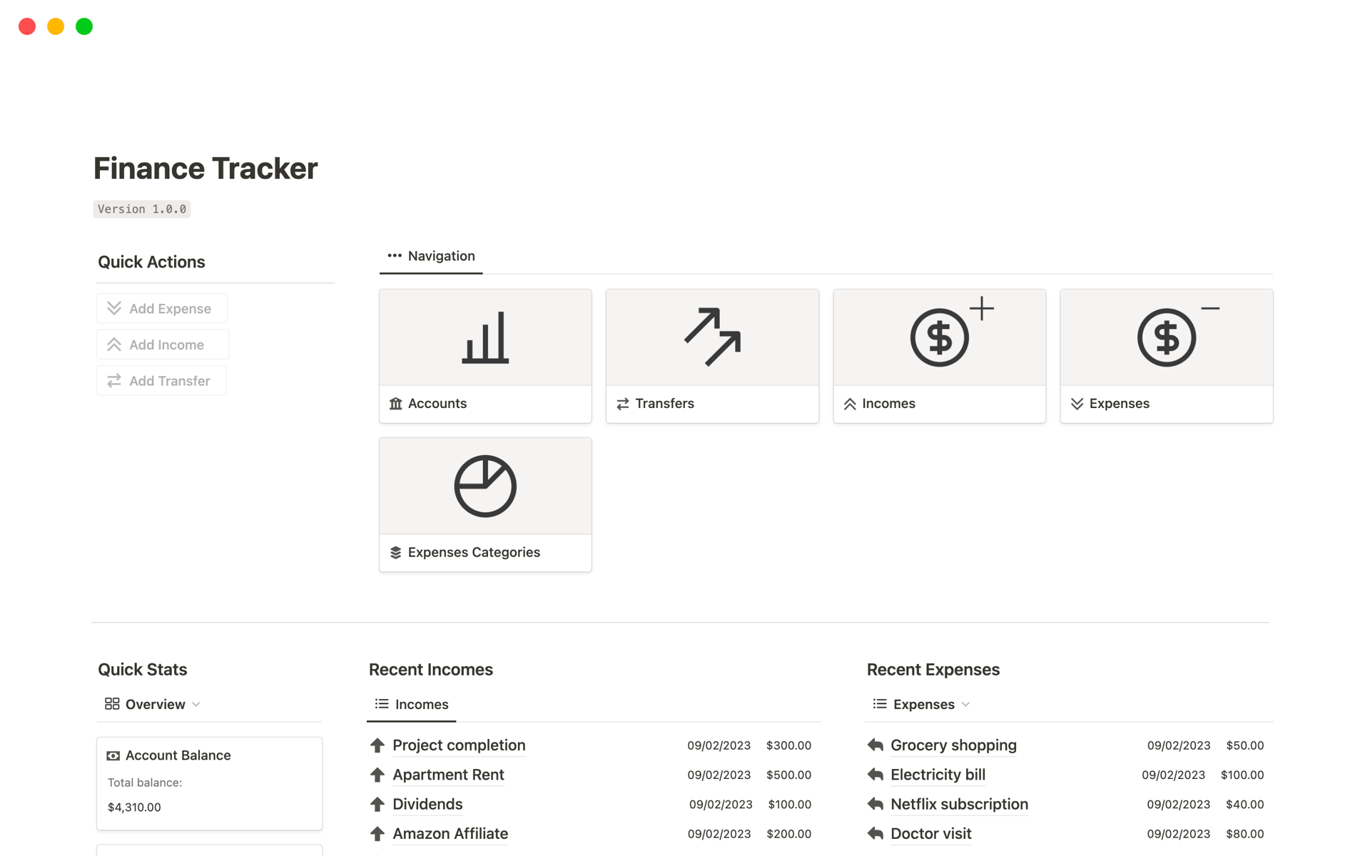 A template preview for Finance Tracker