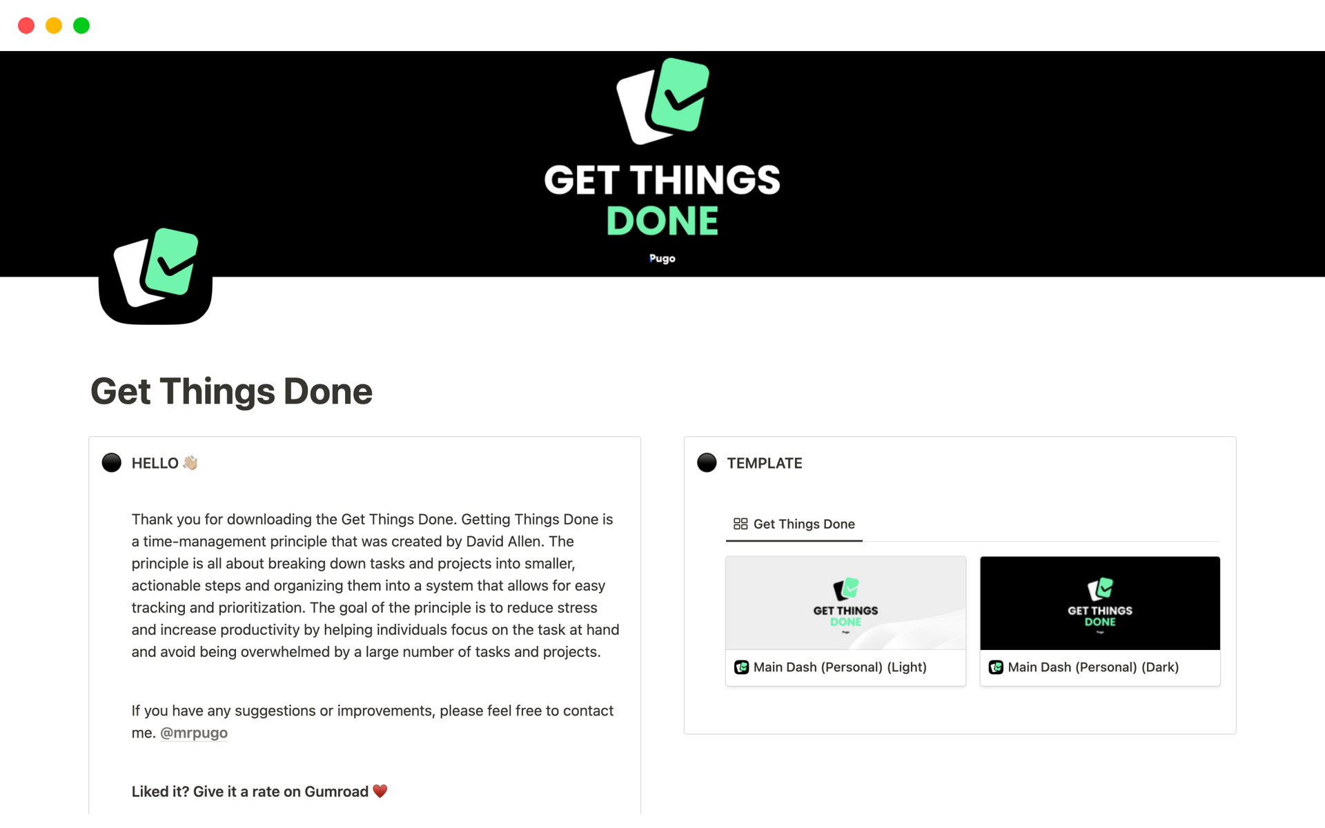 A template preview for Getting Things Done (GTD)