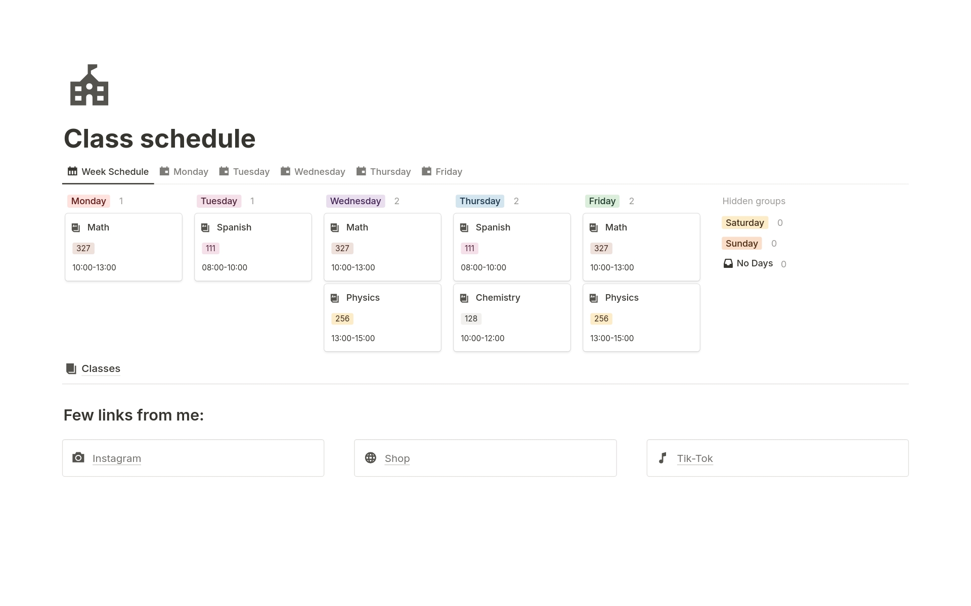 A template preview for Class Schedule